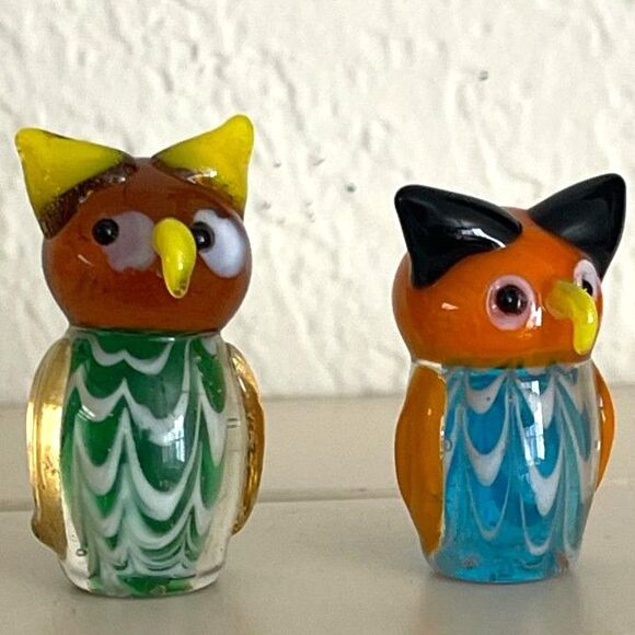 Lot 2 Miniature Fitz and Floyd Menagerie Blown Glass Owls Birds Handmade - Picture 3 of 9